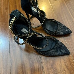 Guess Black Lace Heels with Gold Chain